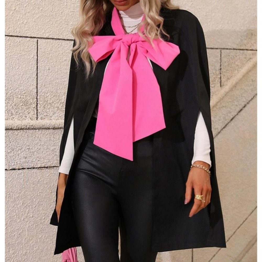 Pink Bow Tie Black Cloak Sleeve Cape Coat Jacket - Picture 3 of 7